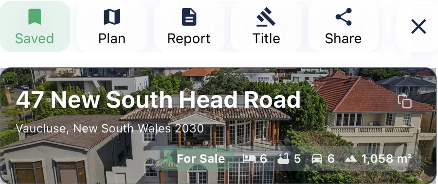 The top of a property in the MapView app, with buttons for Saved, Plan, Report, Title and Share above a photo of 47 New South Head Road, Vaucluse.