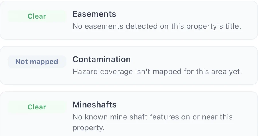 Three Must Knows checks. Easements: Clear, no easements detected on this property's title. Contamination: Not mapped, hazard coverage isn't mapped for this area yet. Mineshafts: Clear, no known mine shaft features on or near this property.