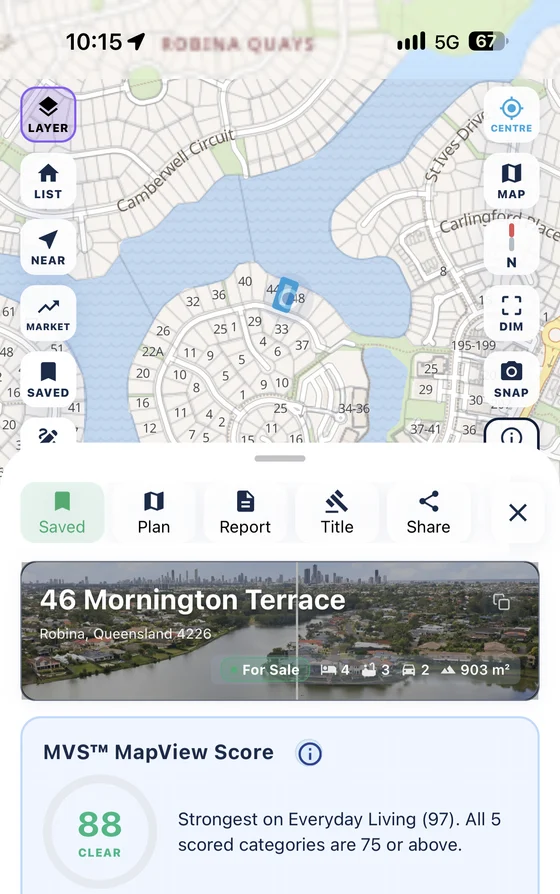 A waterfront property in Robina, Queensland, in the MapView app