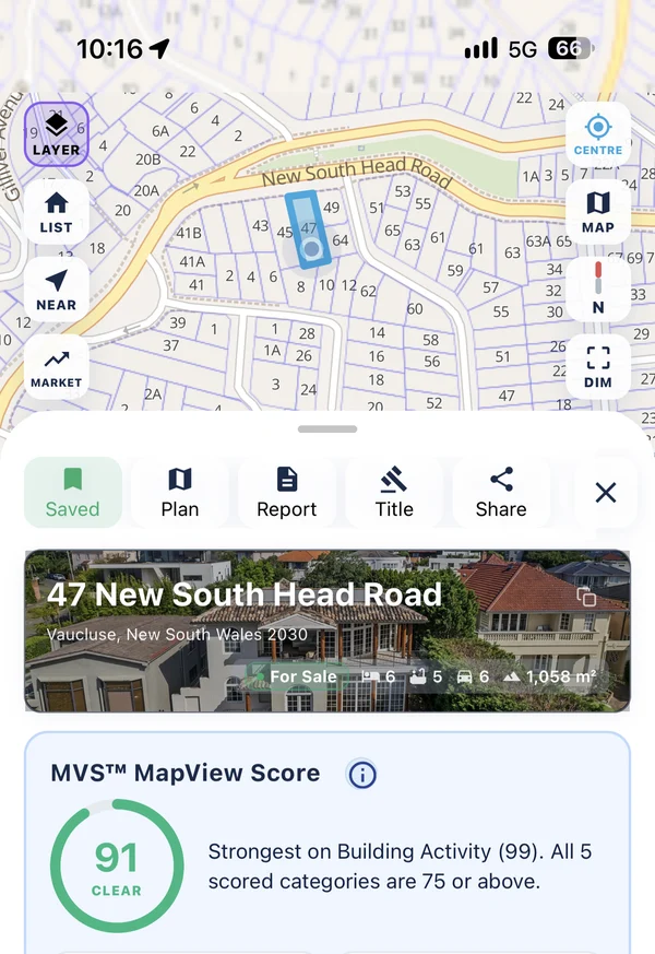 47 New South Head Road, Vaucluse, in the MapView app, with a MapView Score of 91