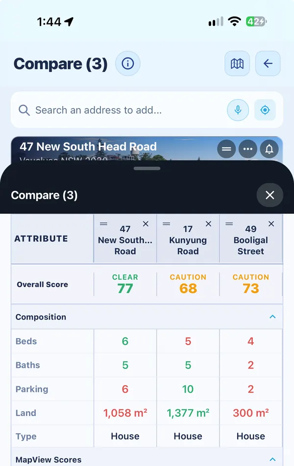 Compare in the MapView app: three homes side by side with their overall scores, bedrooms, bathrooms, parking and land size.