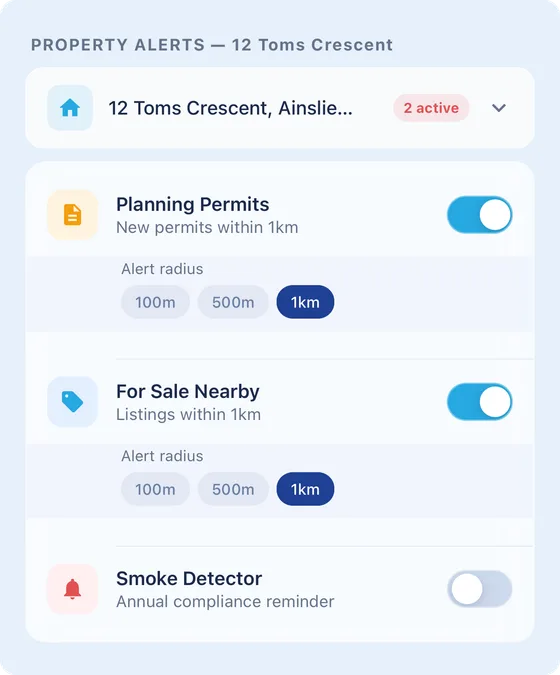 Property alerts for 12 Toms Crescent: planning permits and homes for sale within 1 km switched on, and an annual smoke detector compliance reminder.