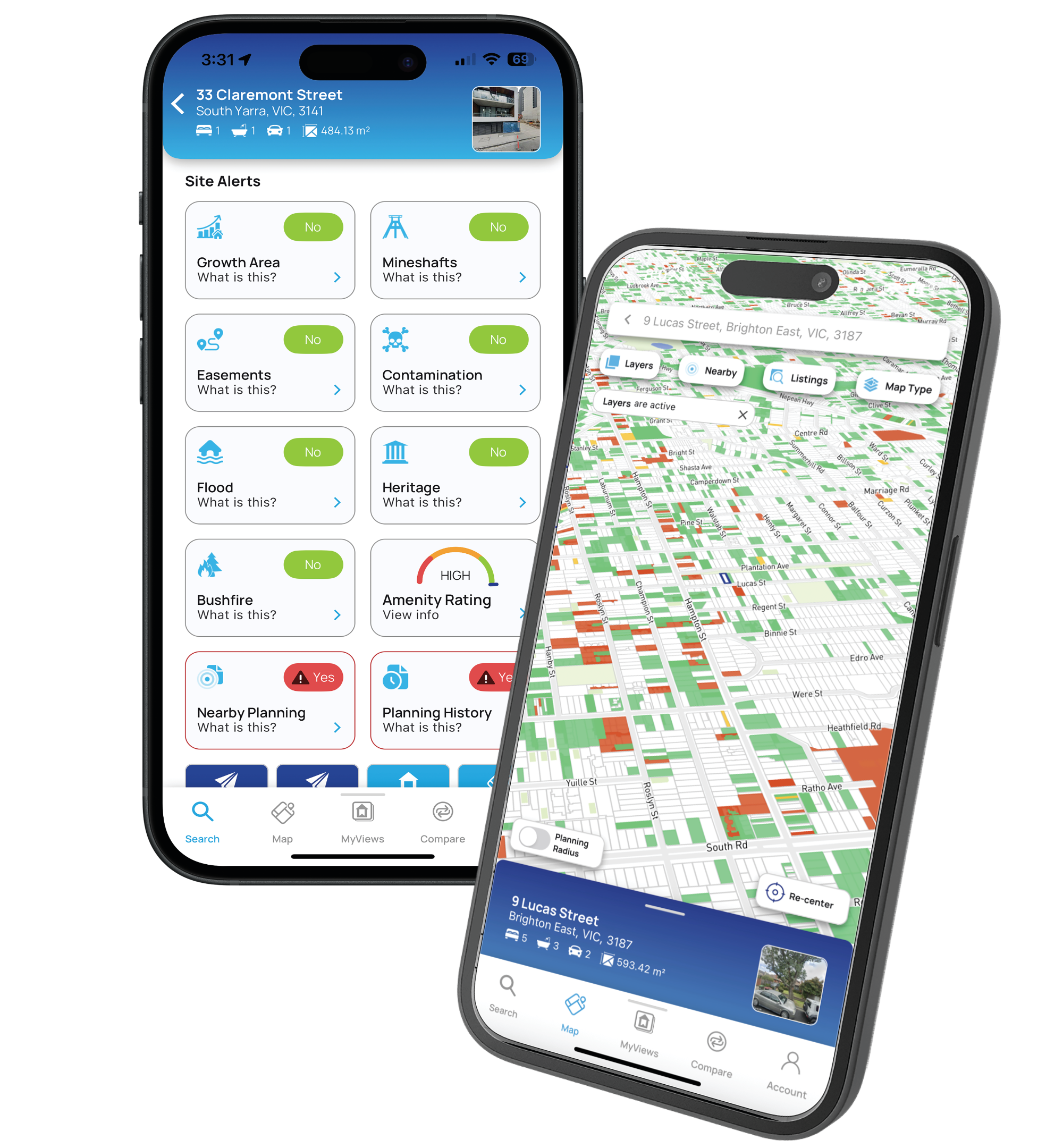 Mapview app showing property map layers and site alerts