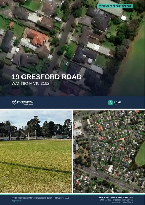 Cover of a sample MapView property report for 19 Gresford Road, Wantirna: an aerial photo, the MapView and Acme Realty logos, and Jane Smith's contact details in the bottom bar.